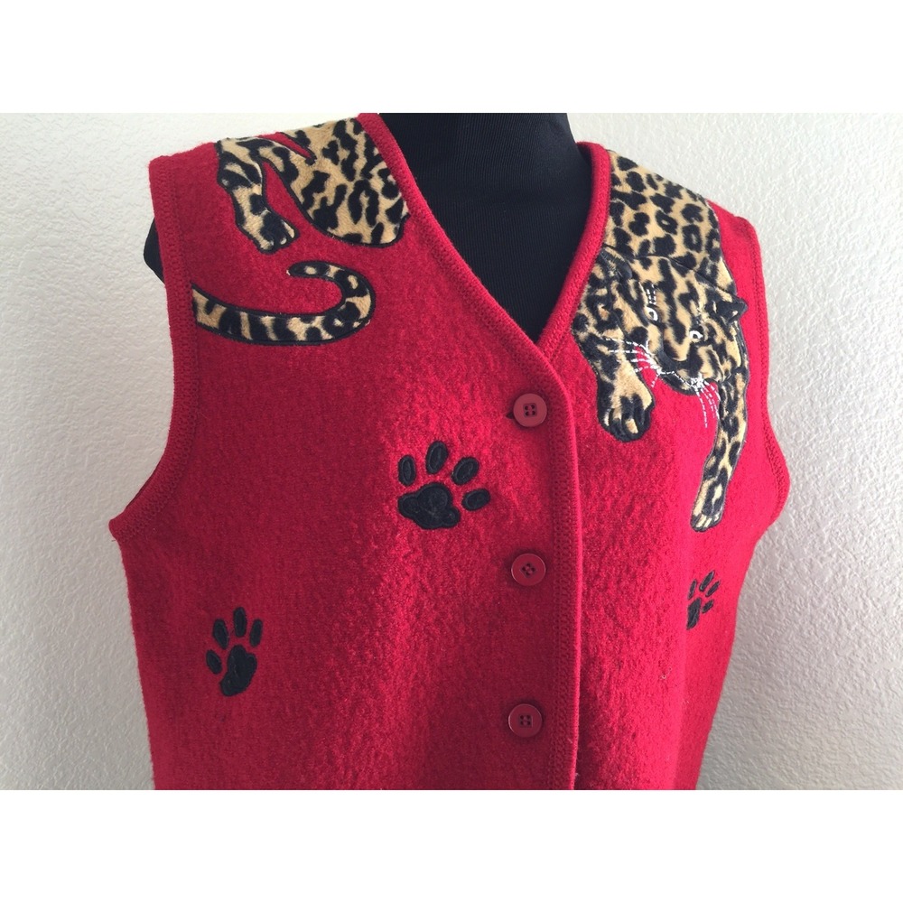 LISA INTERNATIONAL Women Pefite Vest Red Leopard paws 100% Boiled Wool Size‎ PM - Picture 2 of 6